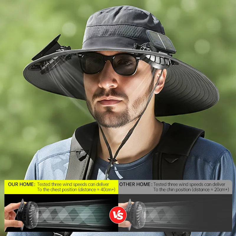 Men's beige solar-powered fan hat for fishing and outdoor sun protection