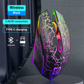Black and white dual-mode 2.4G Bluetooth rechargeable gaming mouse with breathing light on a desktop.