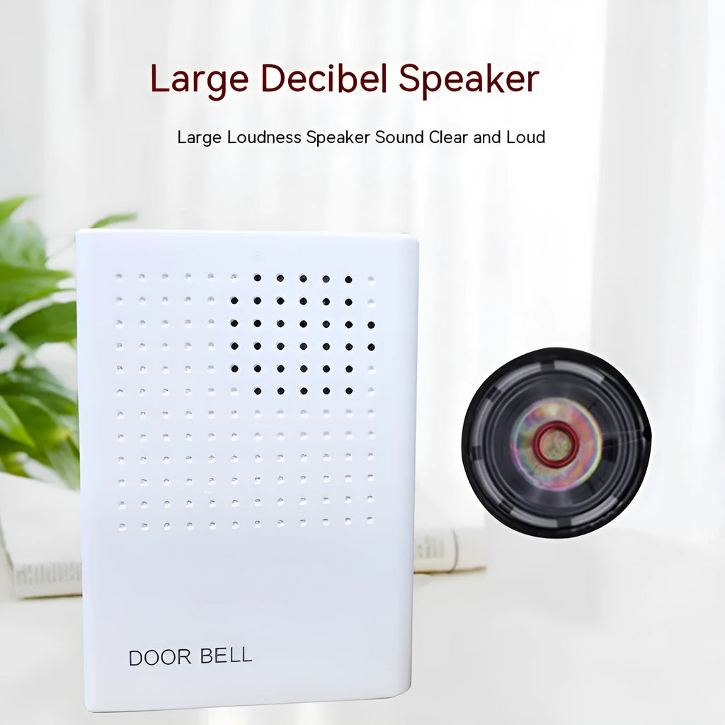 White wired dingdong doorbell 87x62x23mm on a wooden door frame