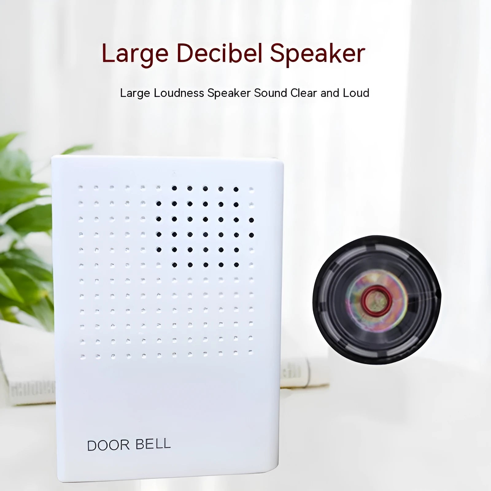 White wired dingdong doorbell 87x62x23mm on a wooden door frame