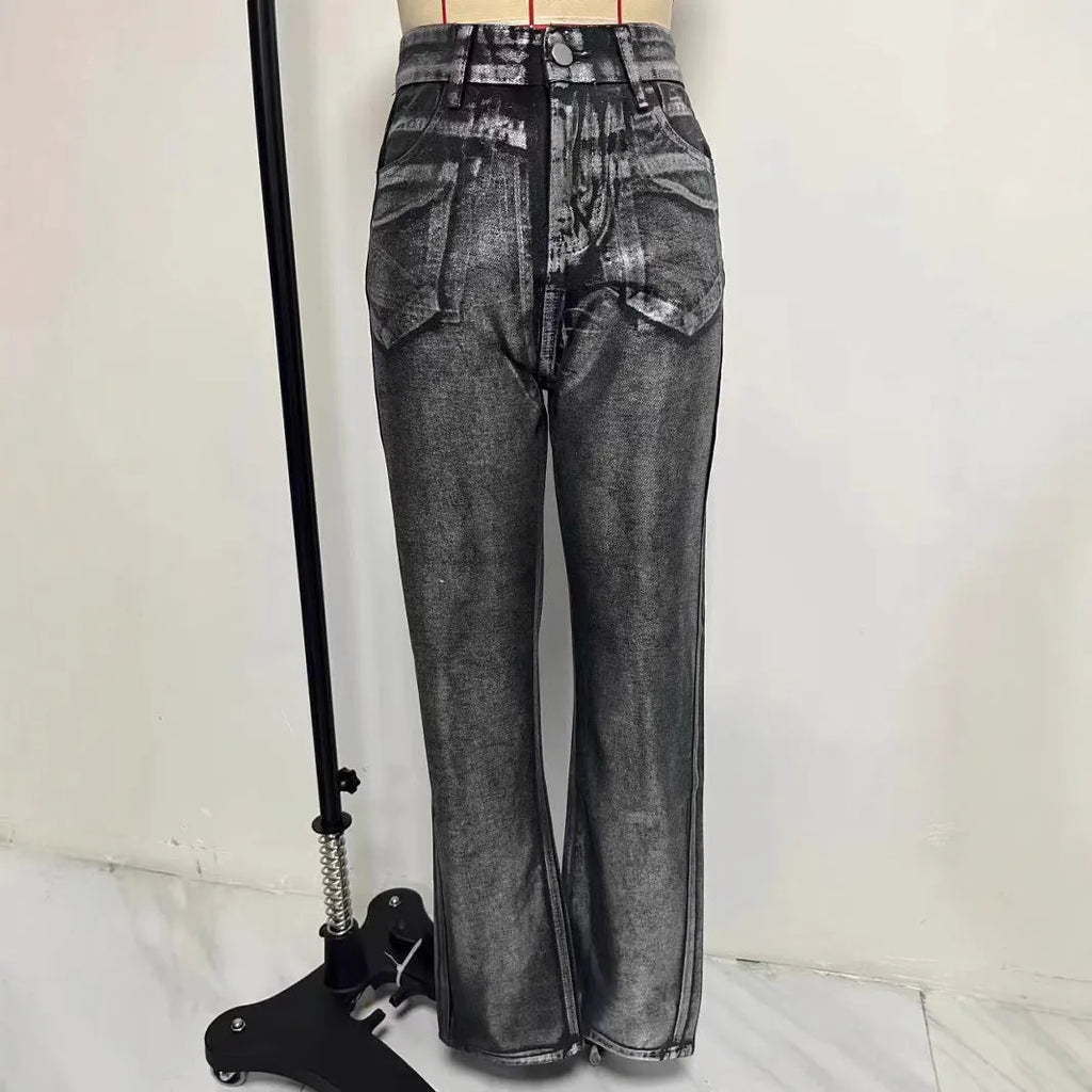 High waist straight leg jeans in washed blue denim with hot silver contrast stitching detail