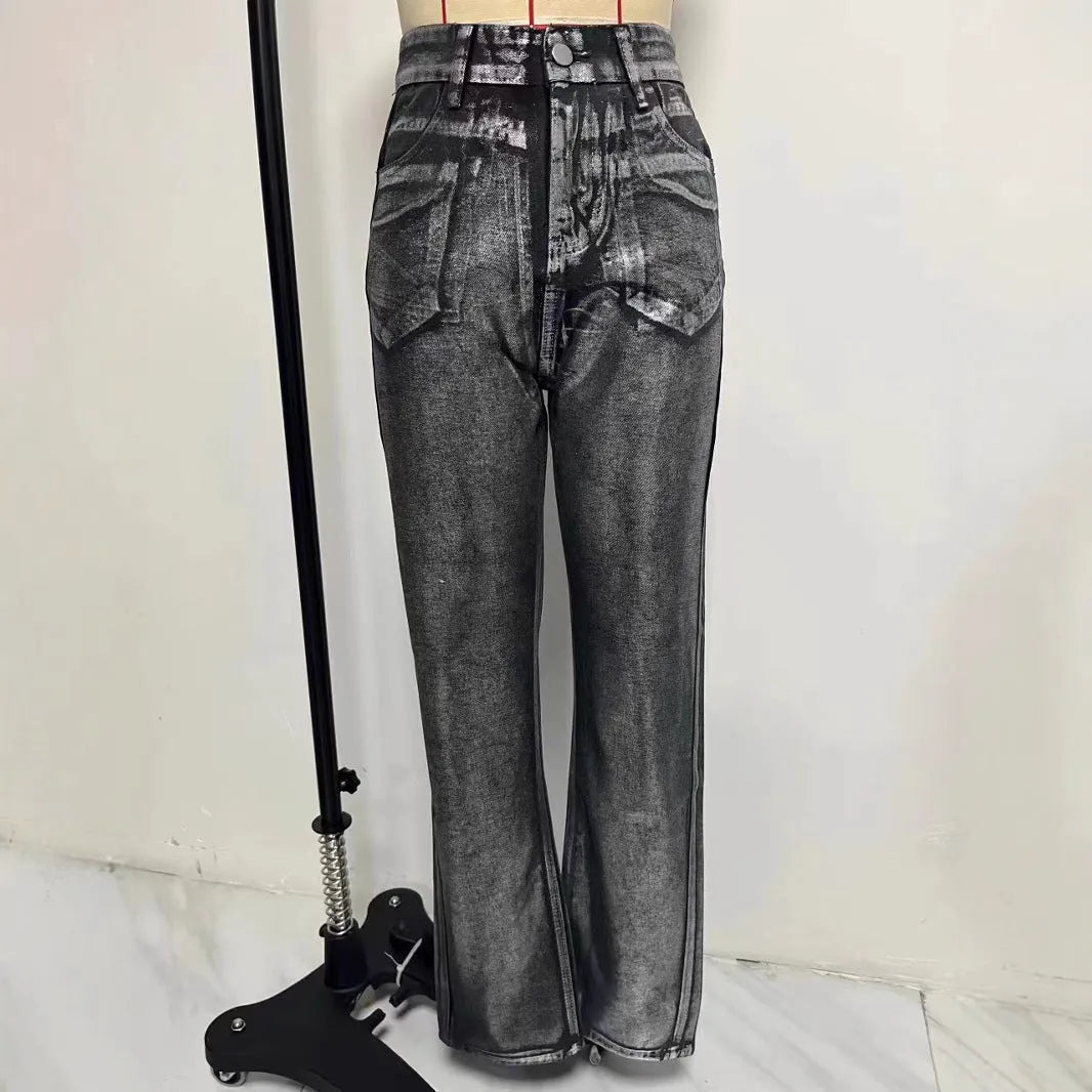 High waist straight leg jeans in washed blue denim with hot silver contrast stitching detail