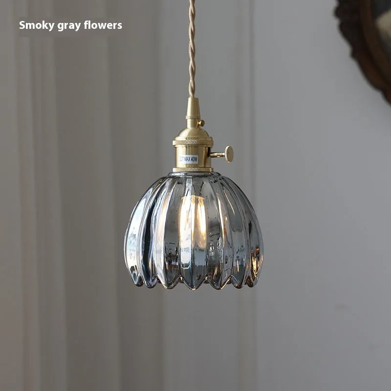 Nordic vintage style glass flower chandelier for bedside in amber, white, green, grey, or transparent.