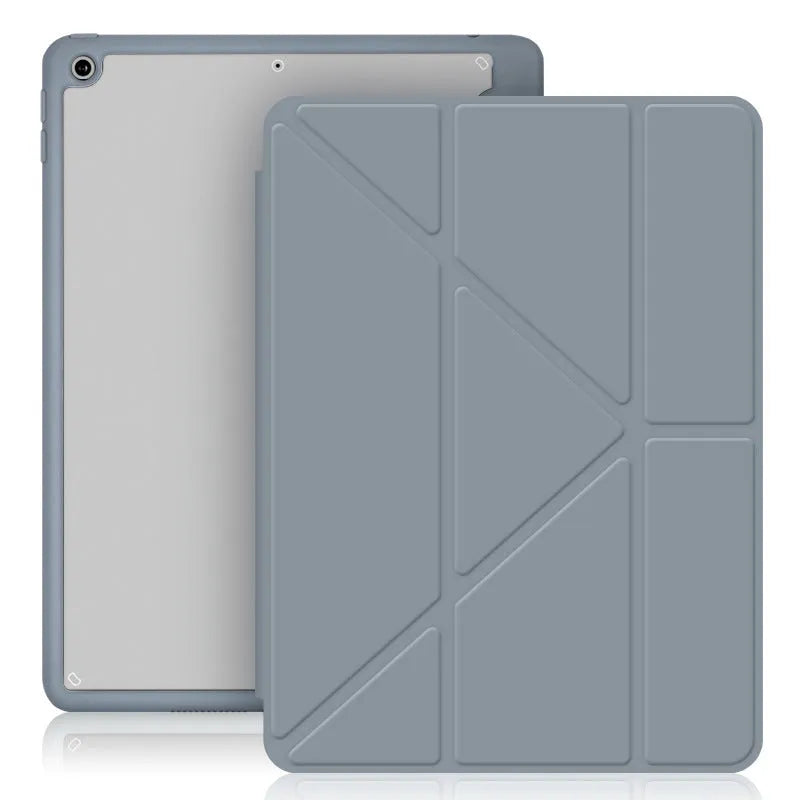 iPad foldable stand case in imitation leather with Y-fold design and Apple Pencil slot.