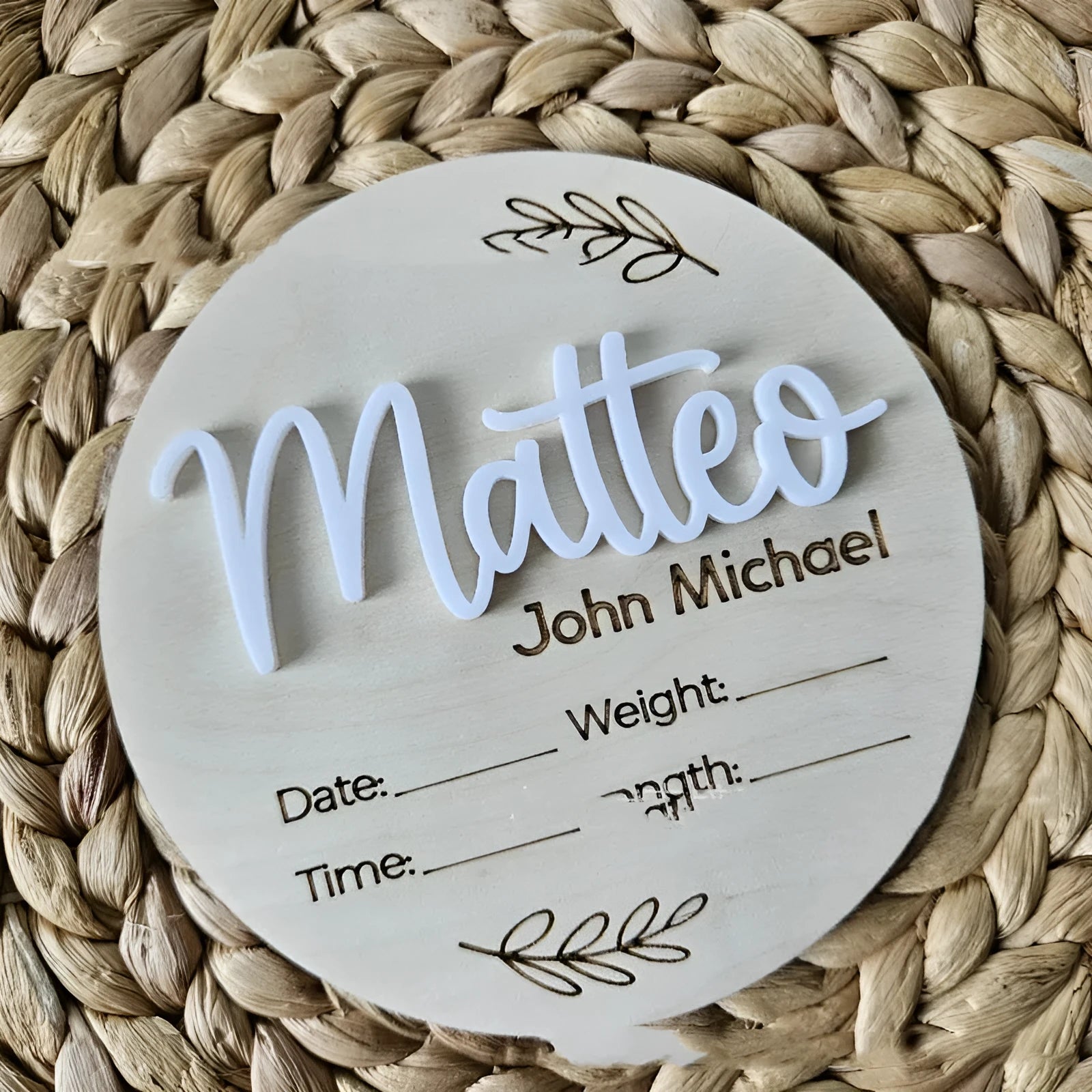 15cm square plywood baby name sign with birth details in one of three available style variants