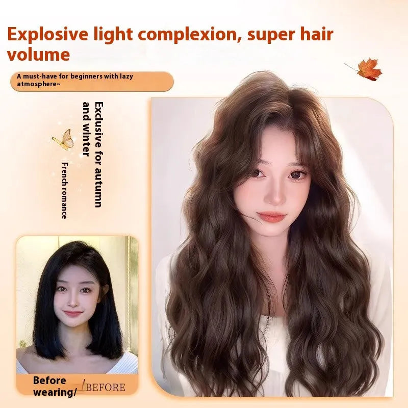 Full-head long curly artificial hair wig with side bangs in brown colour options