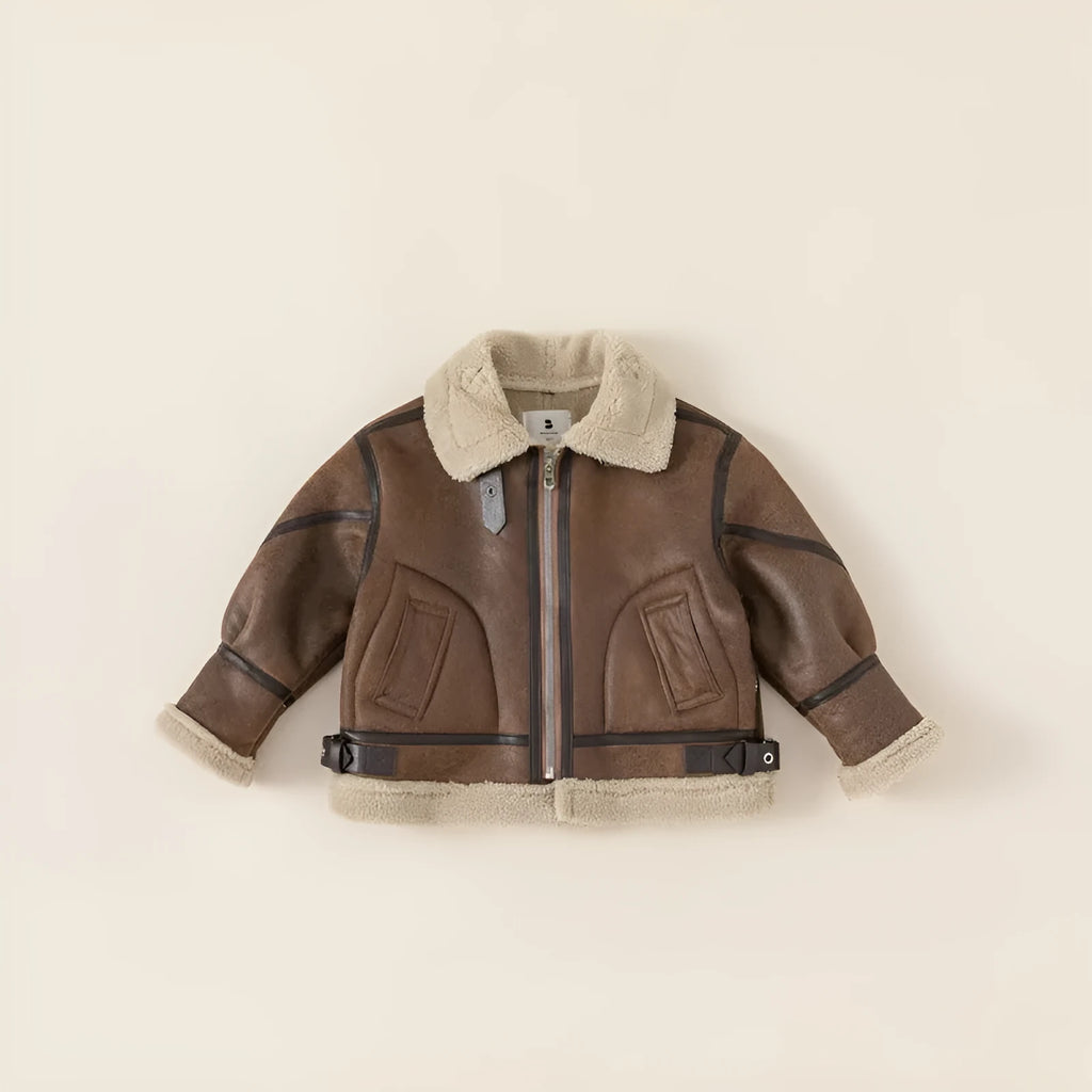 Boys retro locomotive style brown polyester winter coat with long sleeves, short length, sized 80-140cm