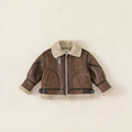 Boys retro locomotive style brown polyester winter coat with long sleeves, short length, sized 80-140cm