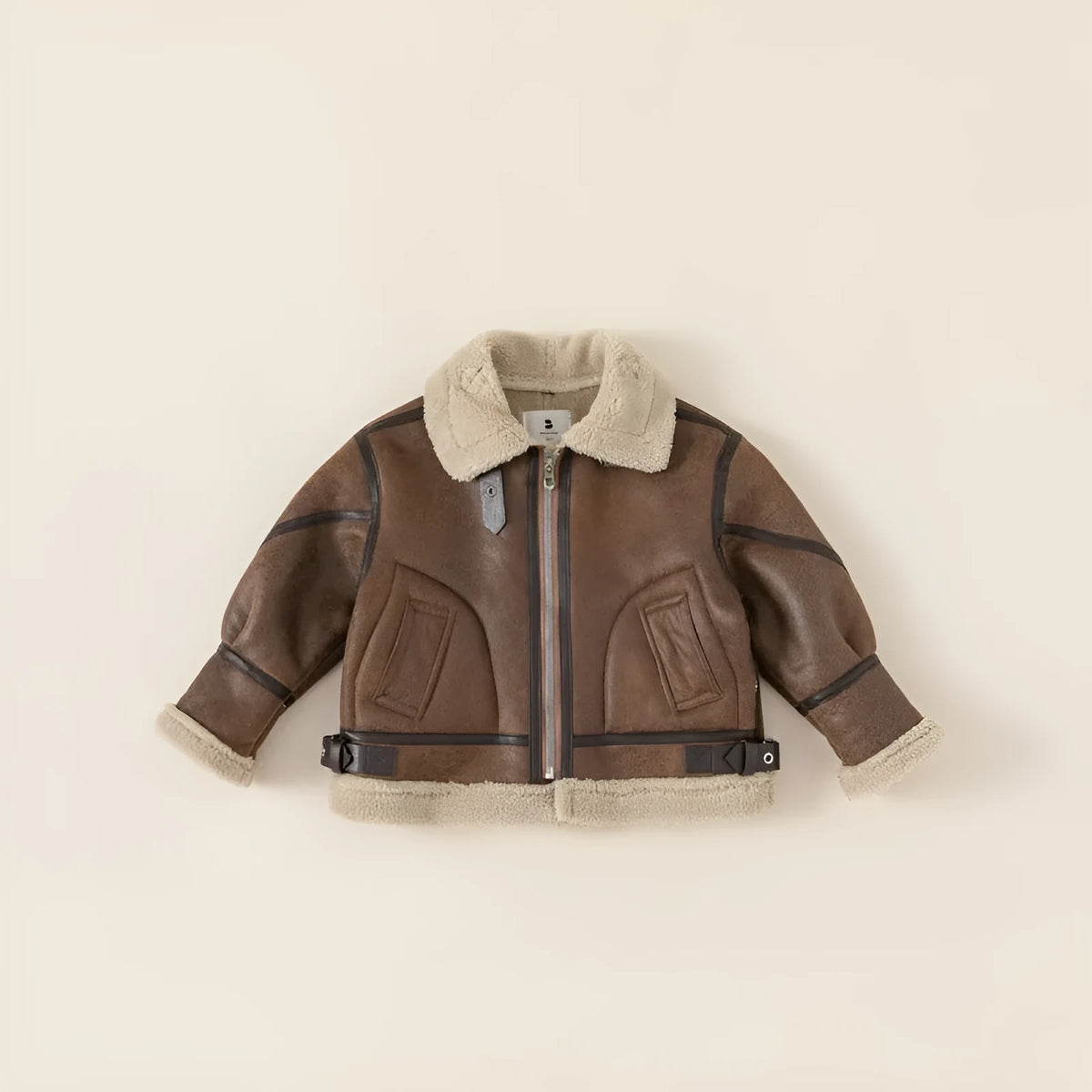 Boys retro locomotive style brown polyester winter coat with long sleeves, short length, sized 80-140cm