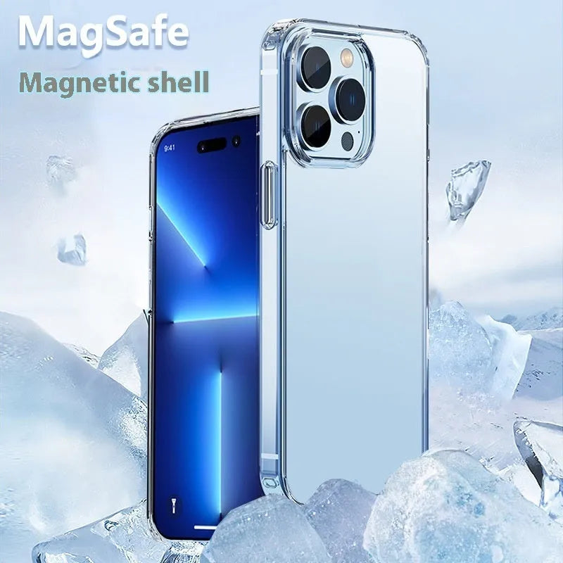 Transparent magnetic PC phone case for Apple 16 and 16 Plus with airbag corners and straight edge all-inclusive design