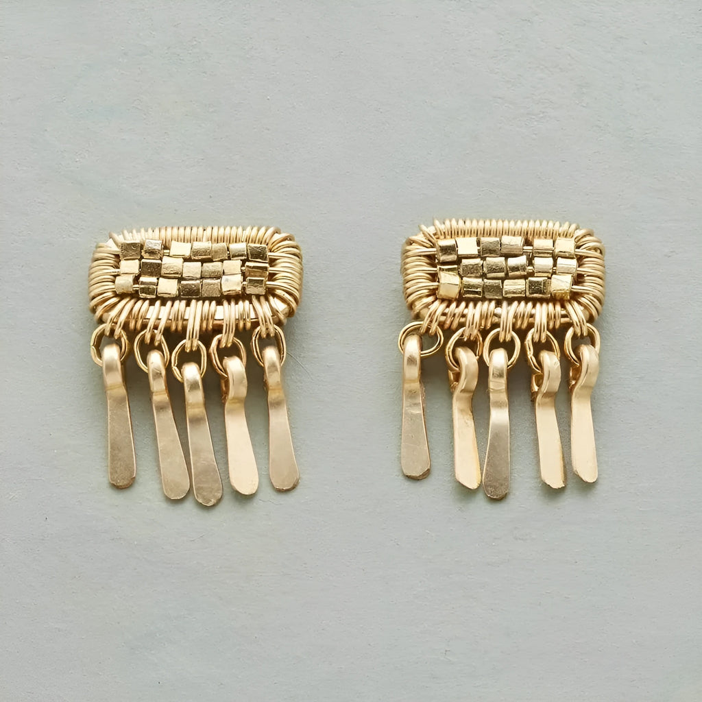 Handmade gold tassel earrings in 925 silver with geometric Longevity Lock shape for women