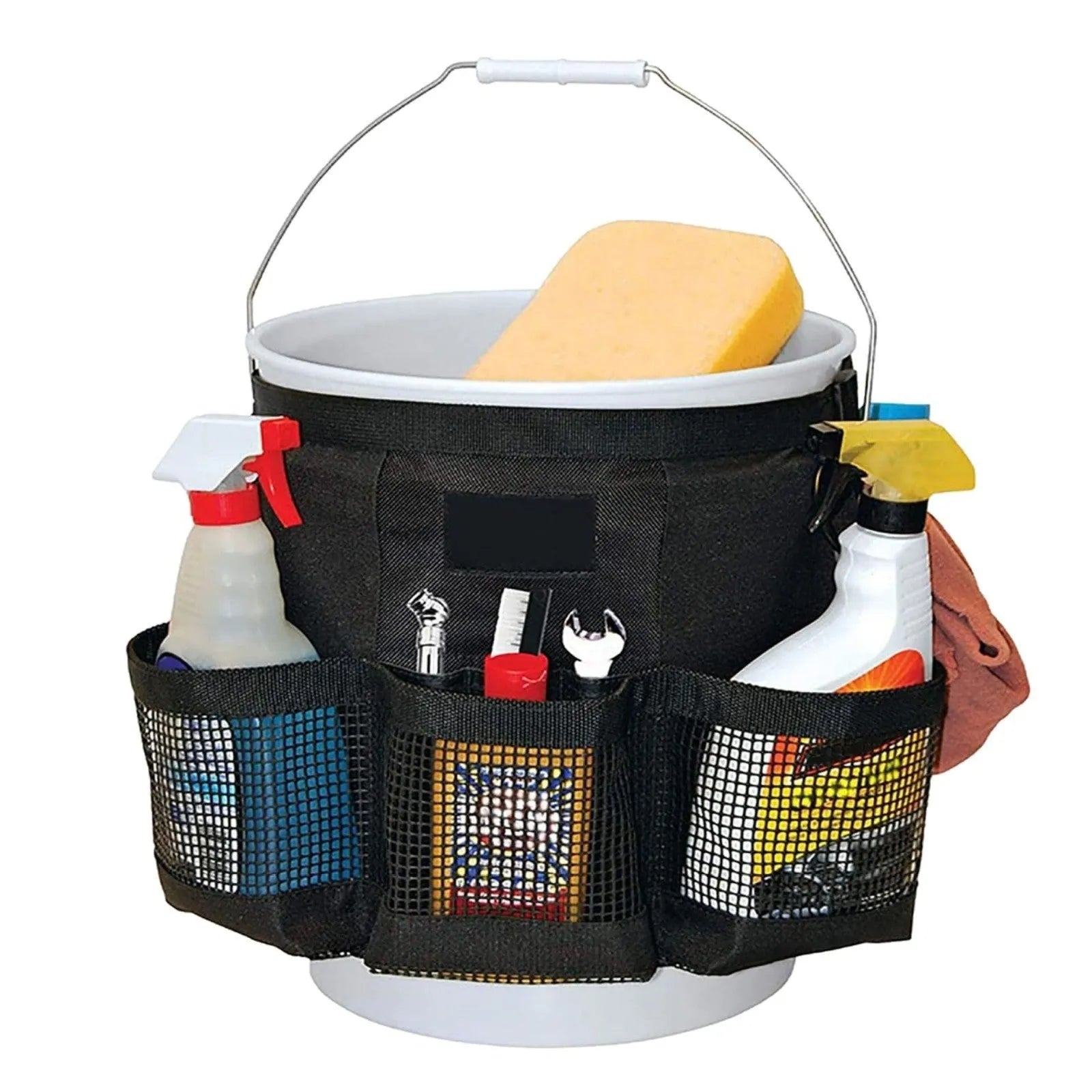 Black cylindrical polyester hanging storage bag designed for a 5-gallon bucket.