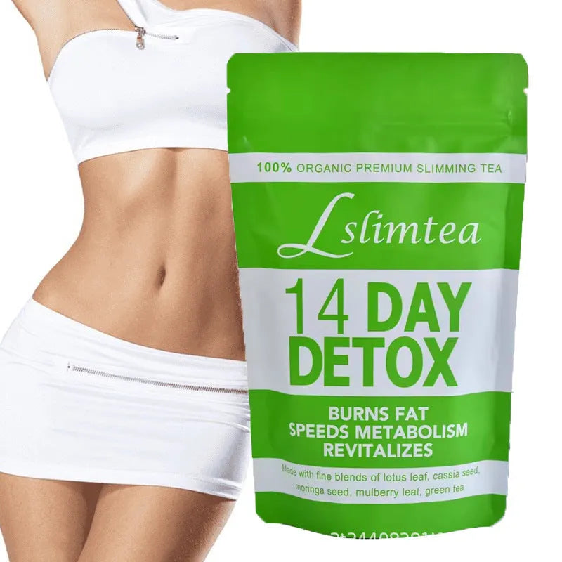 14-day herbal detox tea box showing 14 individual 3g sealed sachets