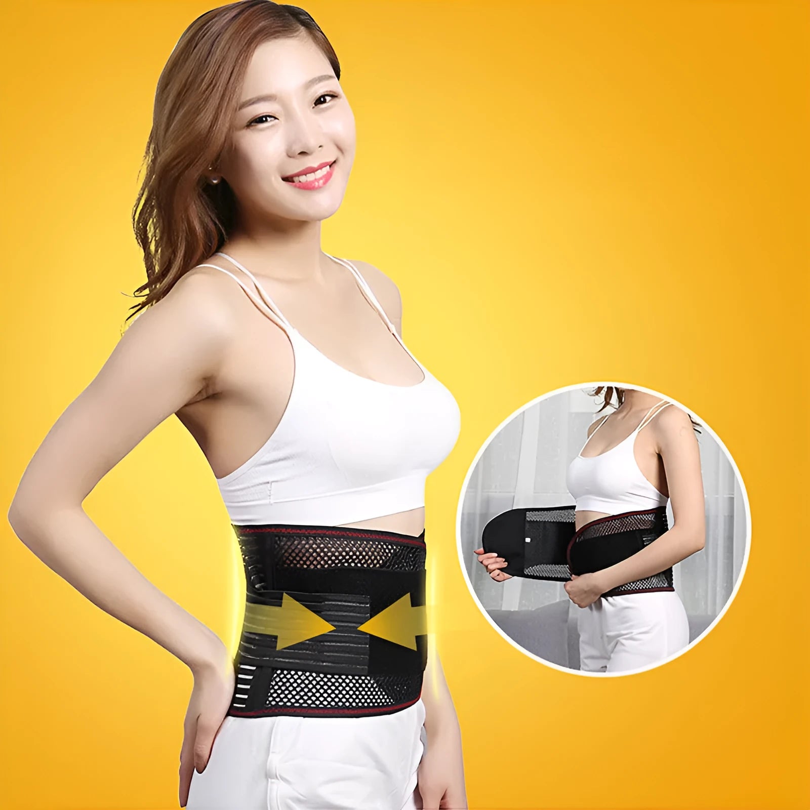 Black breathable sports waist support belt with an internal steel plate for lumbar protection during fitness activities.