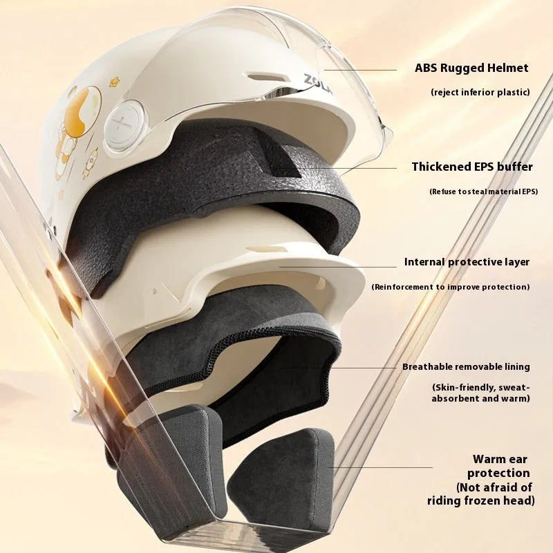 Khaki coloured motorcycle half helmet with a long mirrored visor attached on a table.