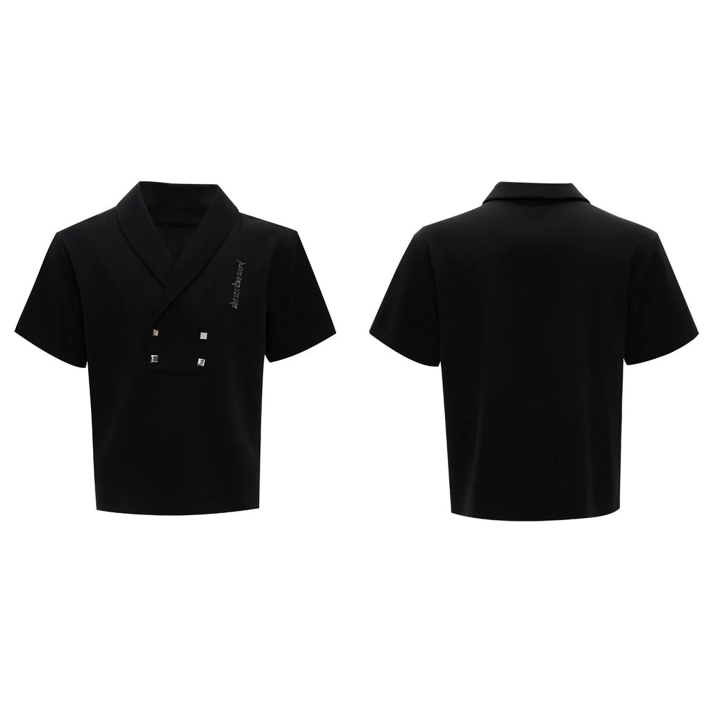 Men's dark grey V-neck cotton sports suit jacket with padded shoulders and matching shorts.