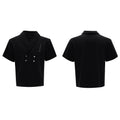 Men's dark grey V-neck padded shoulder jacket with metal details and matching shorts sport suit.