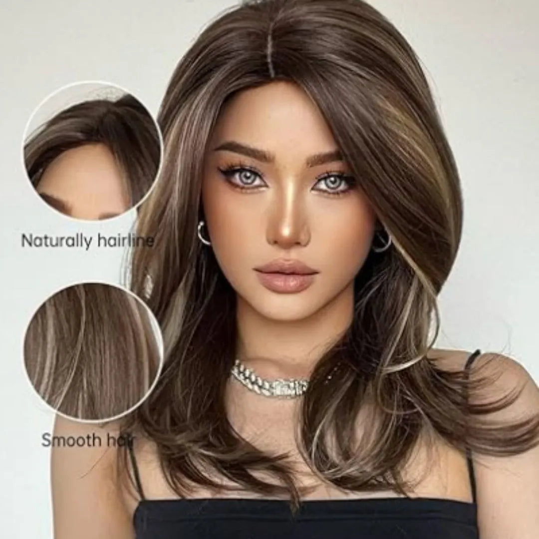 Mid-length curly synthetic wig with long bangs in a gradient colour.