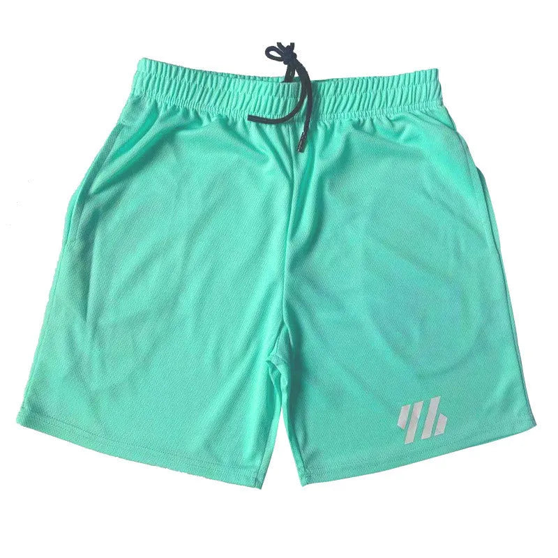 Metal silk fabric sports shorts in loose running style on a hanger, shown in army green colour.