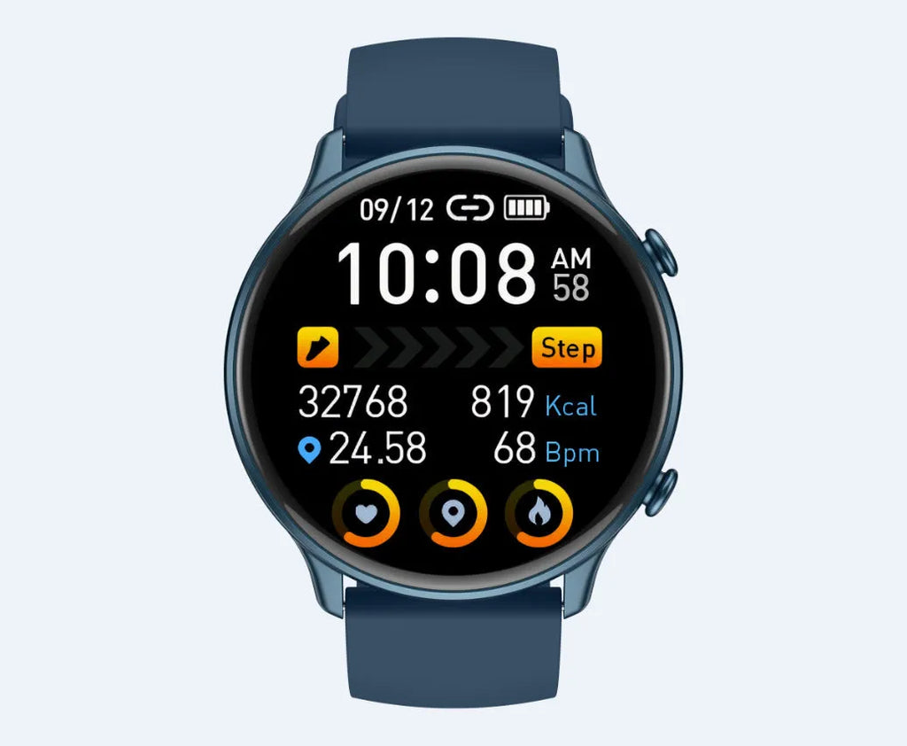 Round touch screen smart sports watch with heart rate monitor on silicone wrist strap