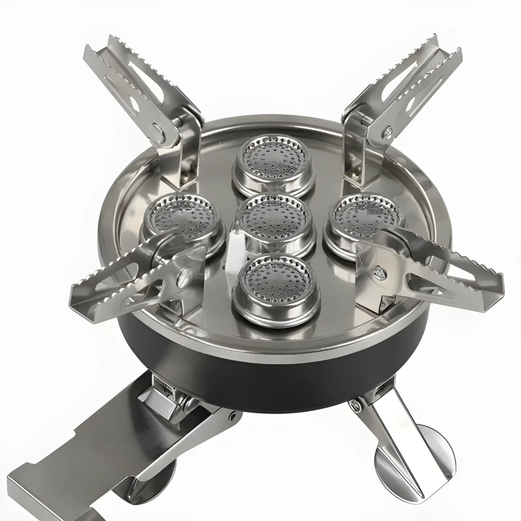 Silver portable split camping stove with folded legs and a 100cm gas hose on a wooden table.
