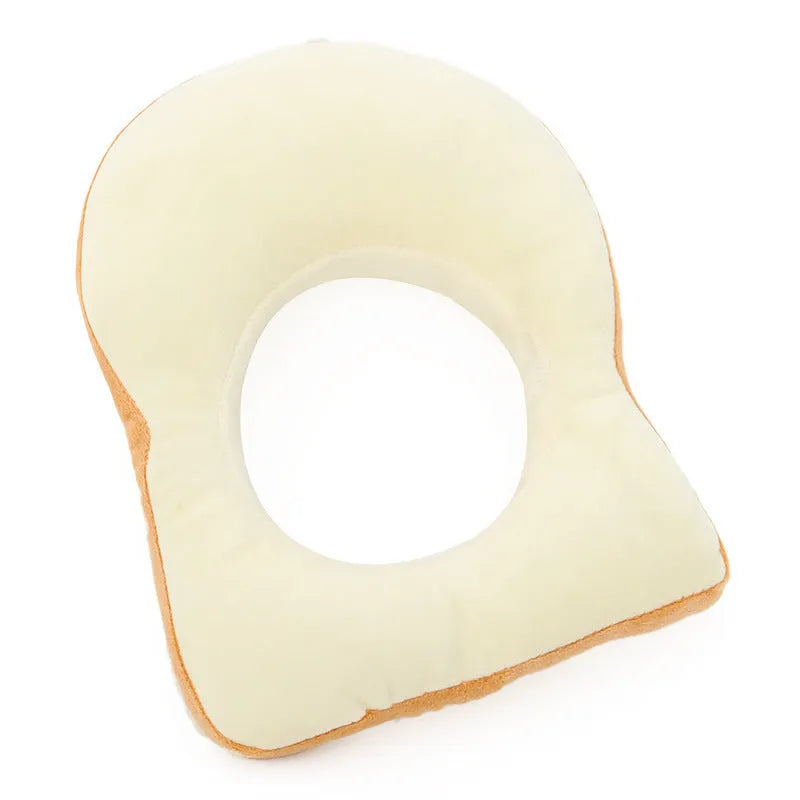 Cat wearing plush toast headdress collar with soft fabric, chain strap, side view on white background