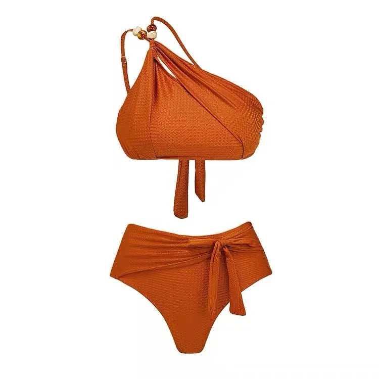 Women's brown high-waist push-up bikini with matching chiffon dress swimsuit set.