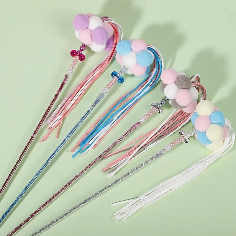 Acrylic cat fairy rod toy with colourful stripes, handheld cat teasing pole in blue, white, pink, purple or orange