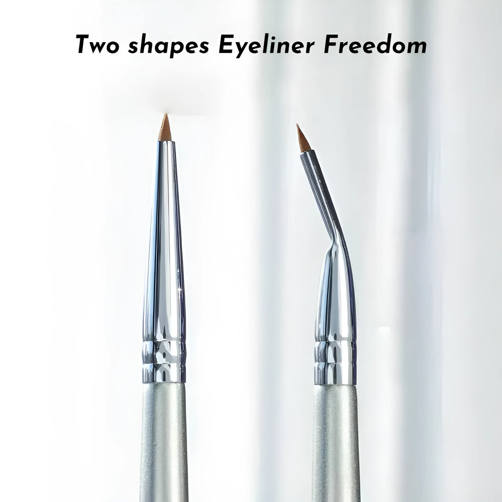 Close-up of a bent head eyeliner brush with a 45-degree angle and flat synthetic bristles for detail makeup.