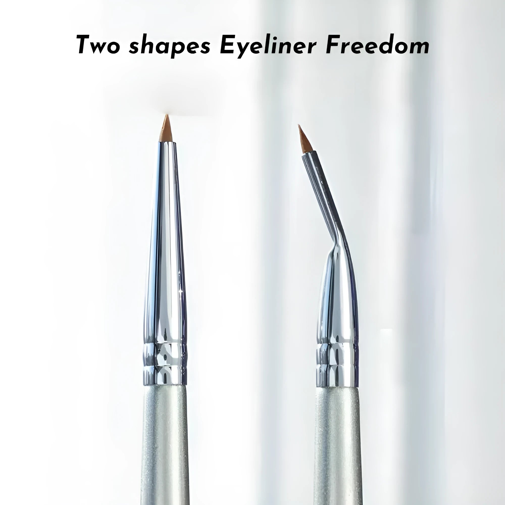 Close-up of a bent head eyeliner brush with a 45-degree angle and flat synthetic bristles for detail makeup.