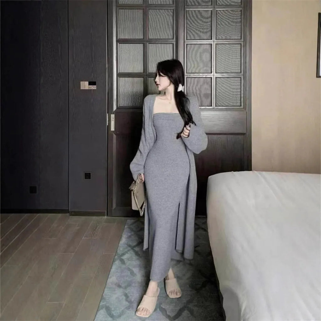 Women's grey knitted long sleeve dress and matching coat set with flocking texture detail