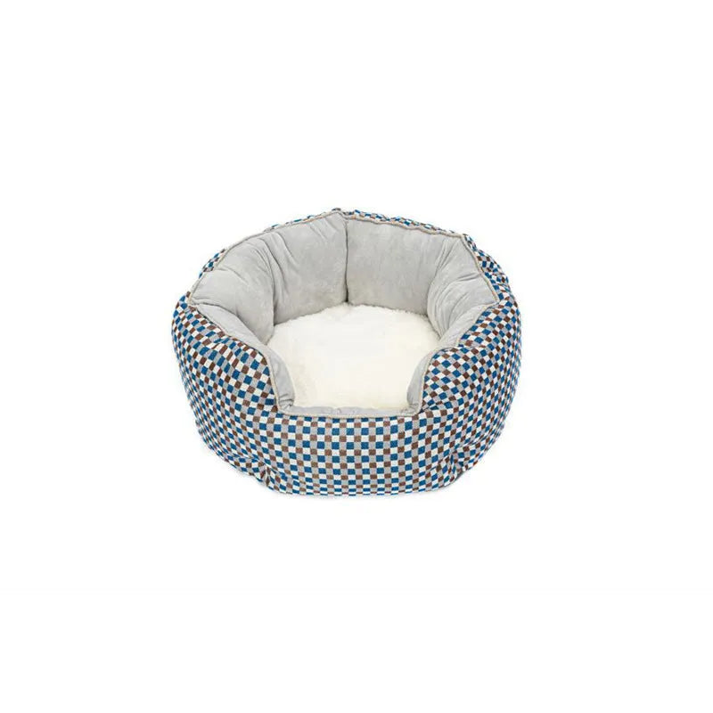 Blue octagonal pet bed with raised sides and a removable mat, for a small dog or cat.