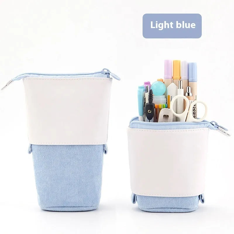 Korean style telescopic drop-down stationery case in purple PU corduroy.