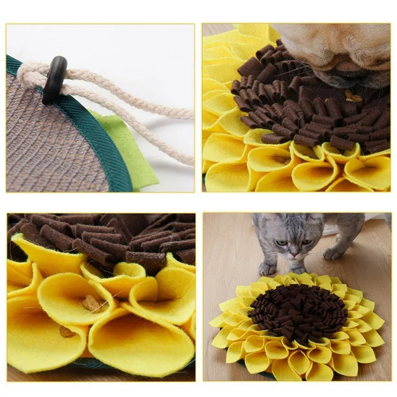 Yellow sunflower-shaped dog snuffle mat with fleece surface and a rope for hanging