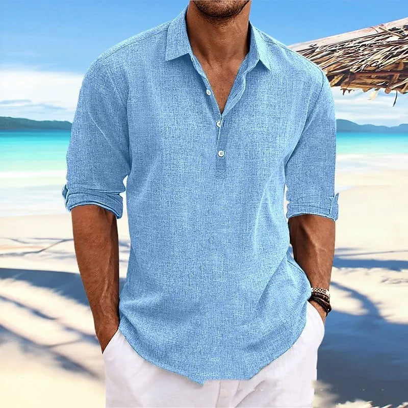 Men's loose-fit solid colour pullover shirt in khaki, front view