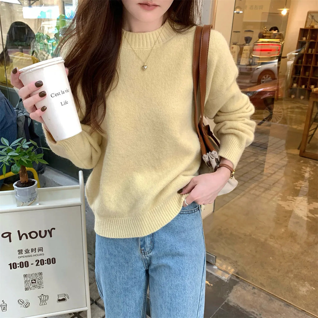 Korean style soft glutinous loose drop-shoulder sleeve sweater in candy colour, solid pattern with wavy elements, acrylic fibre
