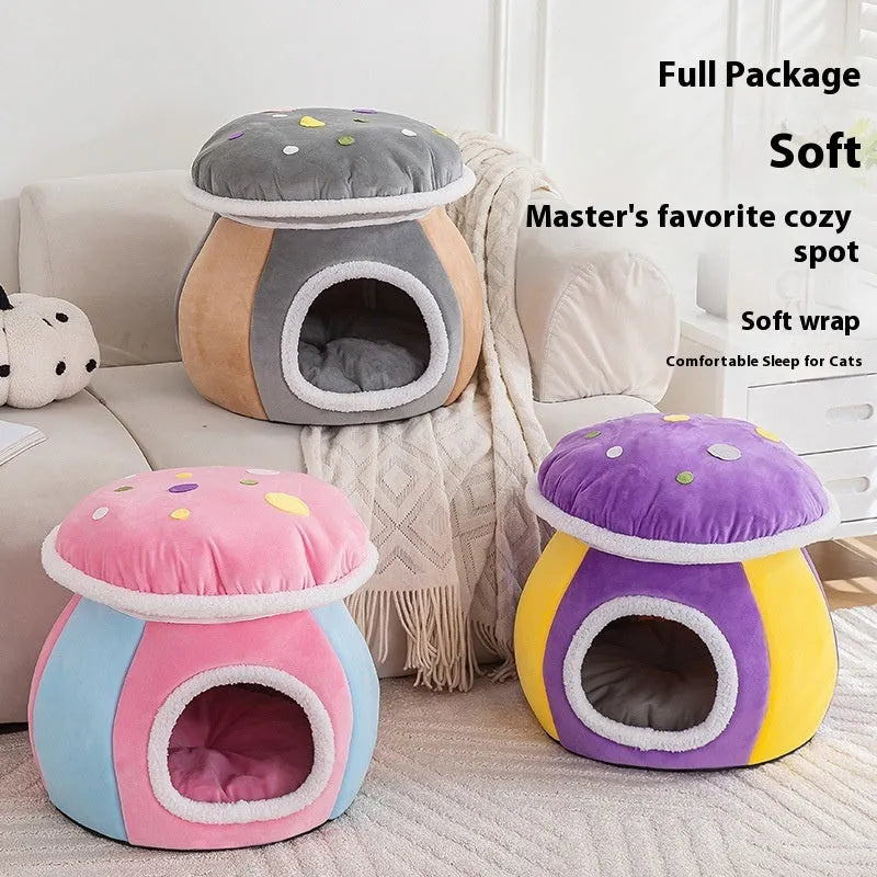 Grey mushroom-shaped plush cat bed with high walls and a soft interior, shown with a detachable matching blanket.