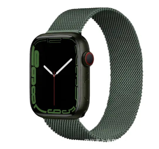 Stainless steel watch strap in silver, shown fitting a watch with a 42mm case.