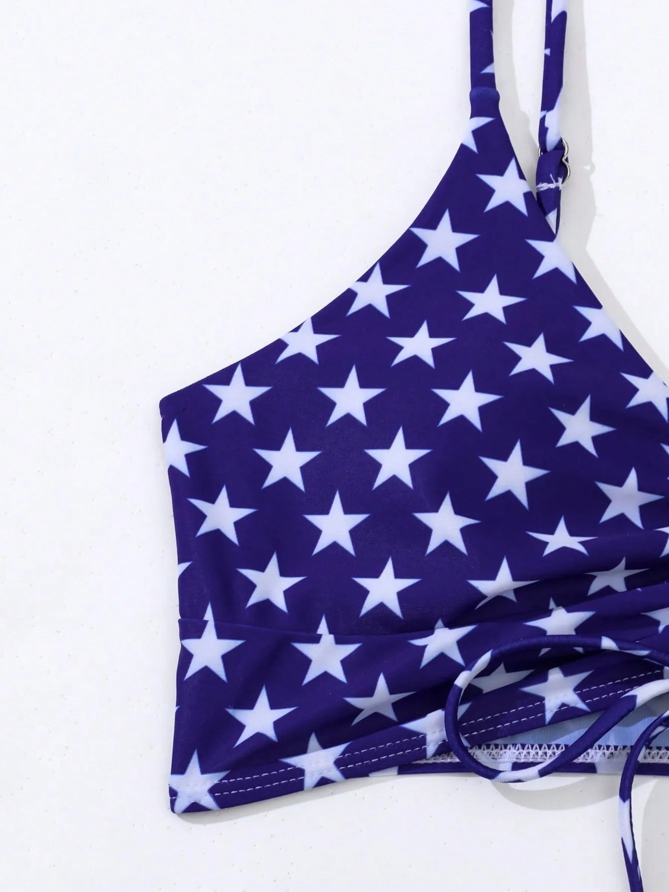 Women's high waist boxer brief swimsuit with drawstring in red, white, and blue stars and stripes pattern
