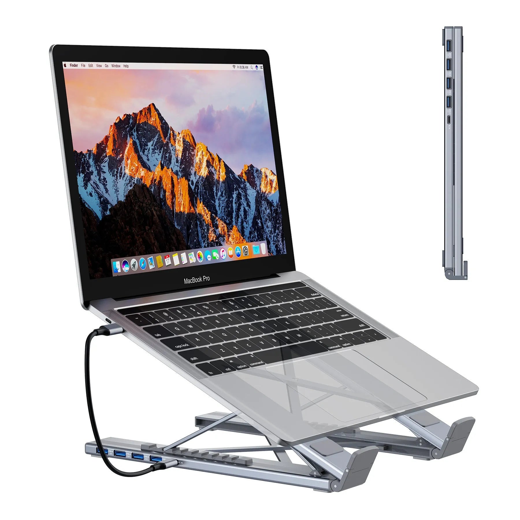 Aluminium folding laptop stand with built-in 8-in-1 USB-C and HDMI docking station ports.