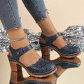 Women's hollow-out chunky-heel closed-toe sandals with Velcro closure in black