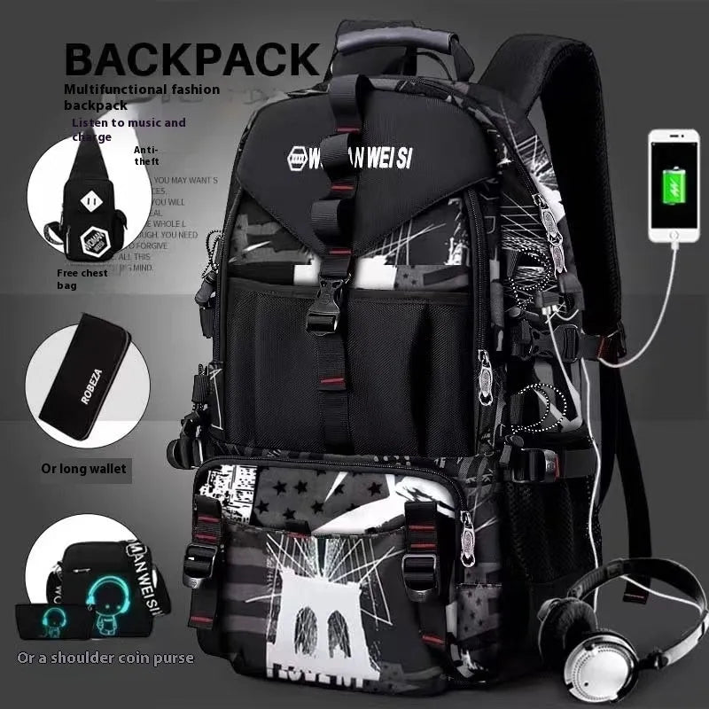 Men's waterproof Oxford cloth hiking backpack in multiple colour options showing large capacity and strap system.