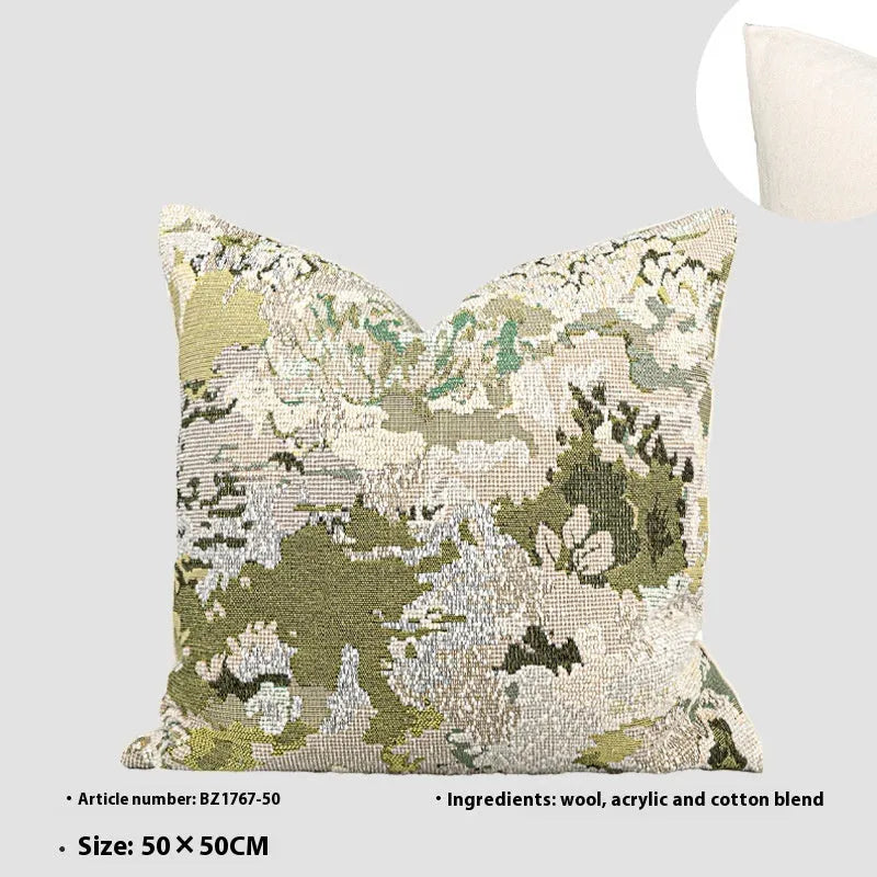 Antique green wool blend pillow case with abstract plant and flower pattern, shown in 50×50cm square size.