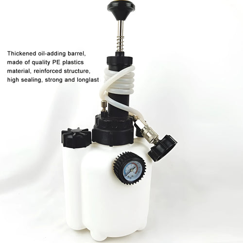 3-litre white plastic brake fluid reservoir tank with copper pump and iron fittings for car maintenance.