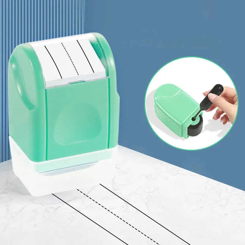 A plastic rectangle roller stamp for teaching, showing English line patterns in one of seven colours.