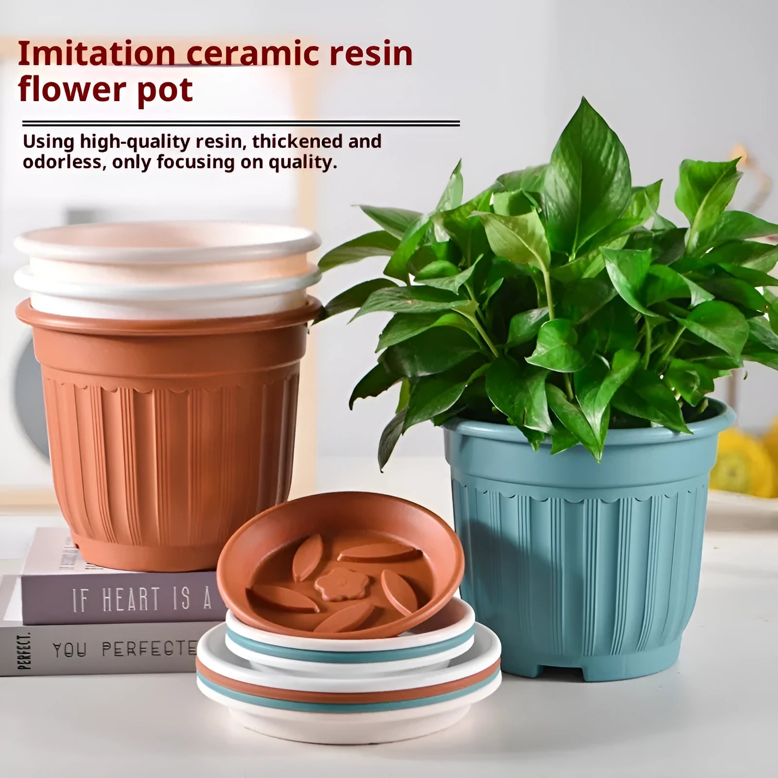 Thick resin European Roman pot with blue basin tray for home garden displaying flowers