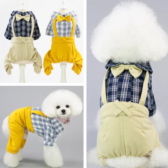 Cotton dog clothes in yellow or khaki, spring summer pet clothing, sizes S to XXL with Xs listed