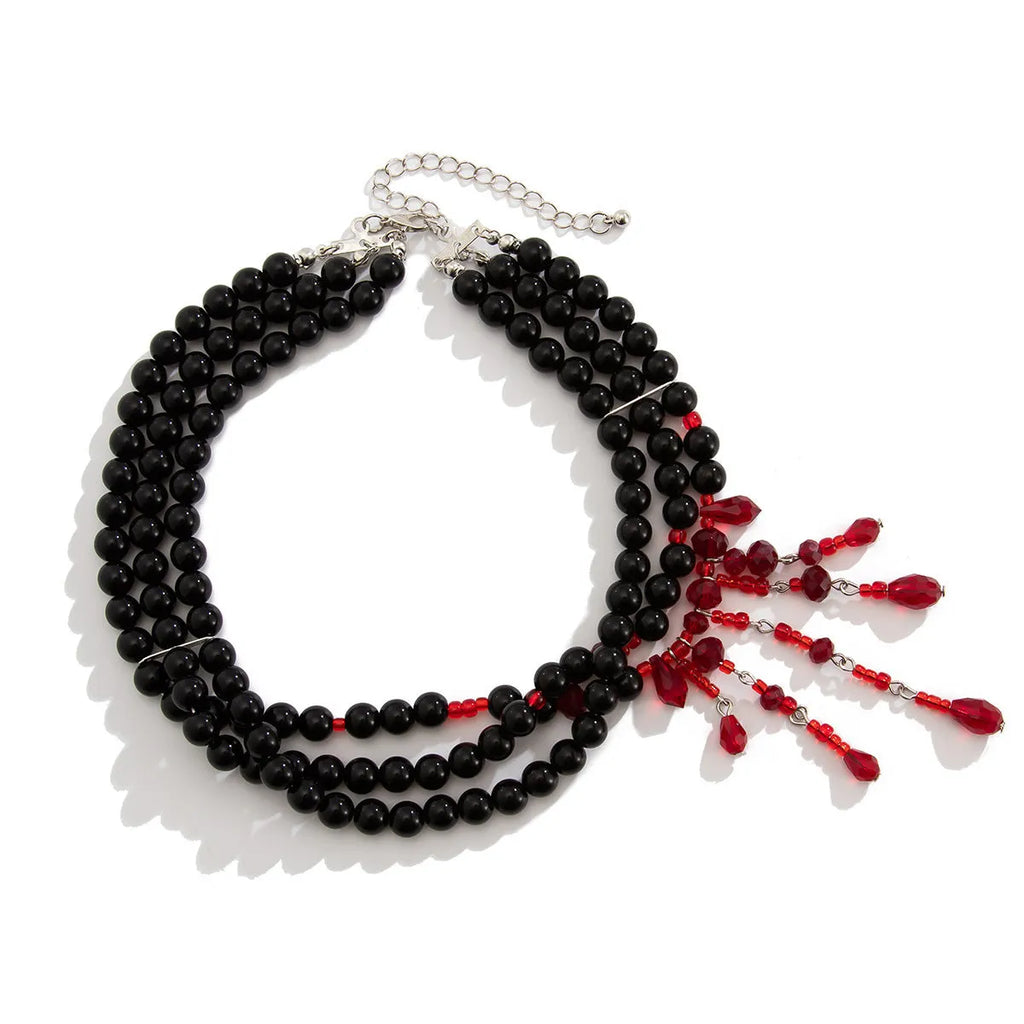 Halloween blood drop tassel necklace with geometric crystal pendant and pearl decoration on adjustable chain