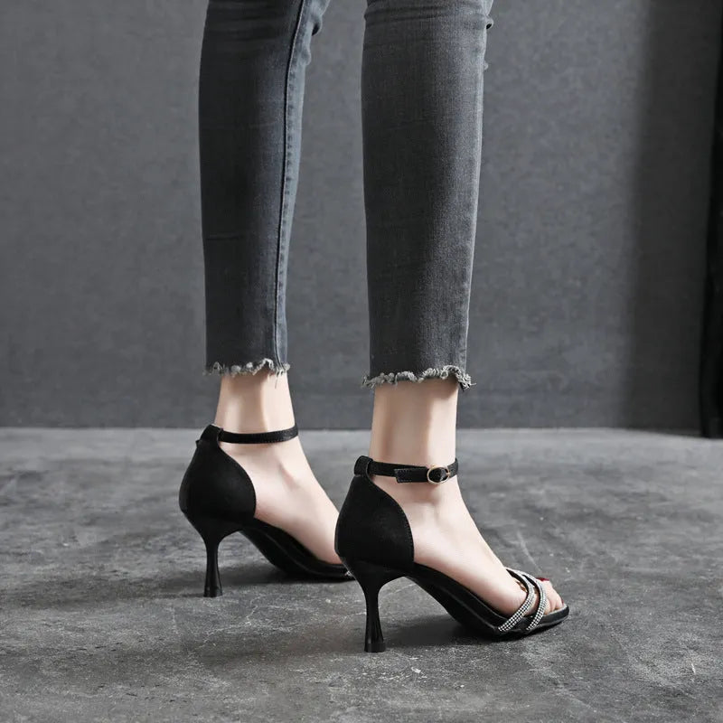 Women's satin high heel sandals round toe black 5cm heel size 35