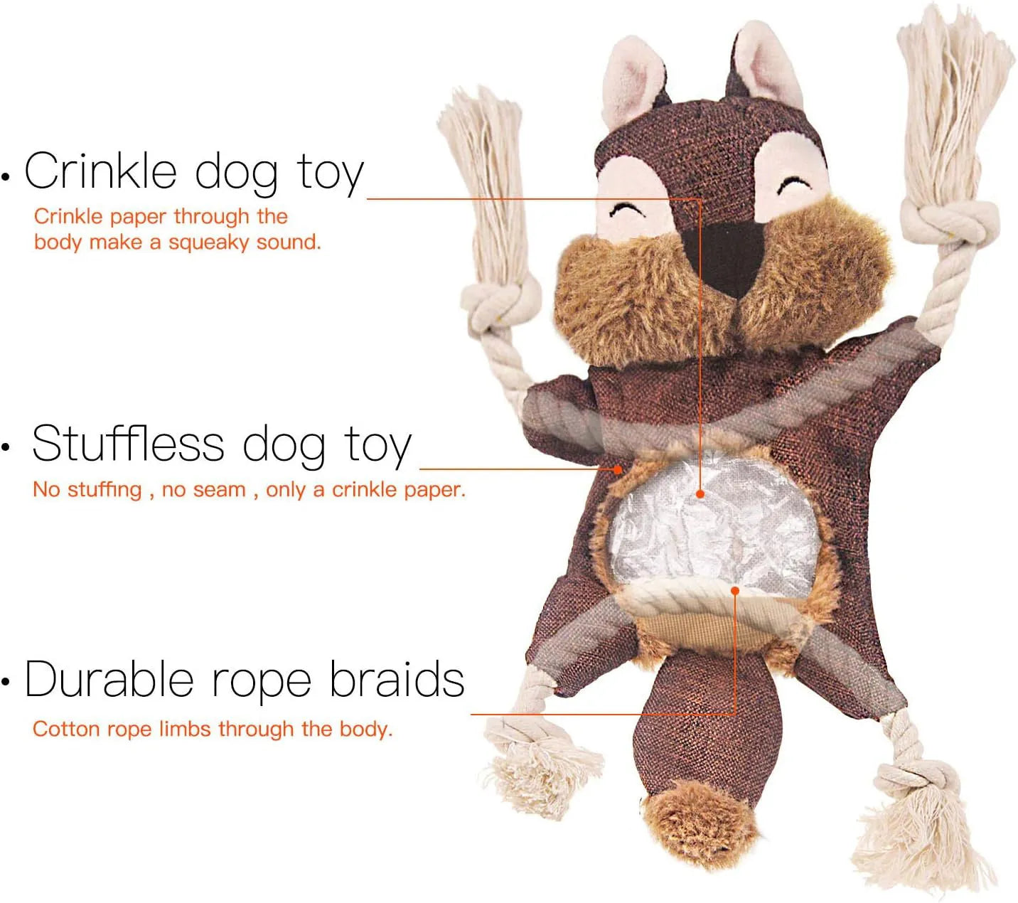 Brown stuffless plush fox dog toy with embroidered eyes, cotton rope arms and legs